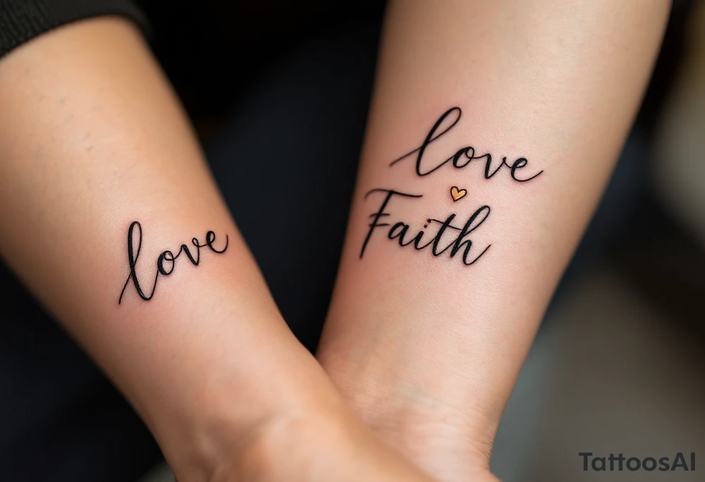 "Love, Faith, Hope" tattooed on the forearm in black serif font with thin gold underlines for emphasis. tattoo idea