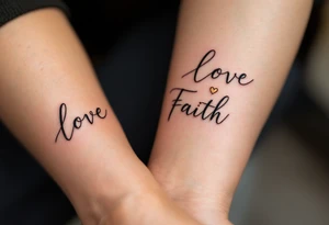 "Love, Faith, Hope" tattooed on the forearm in black serif font with thin gold underlines for emphasis. tattoo idea