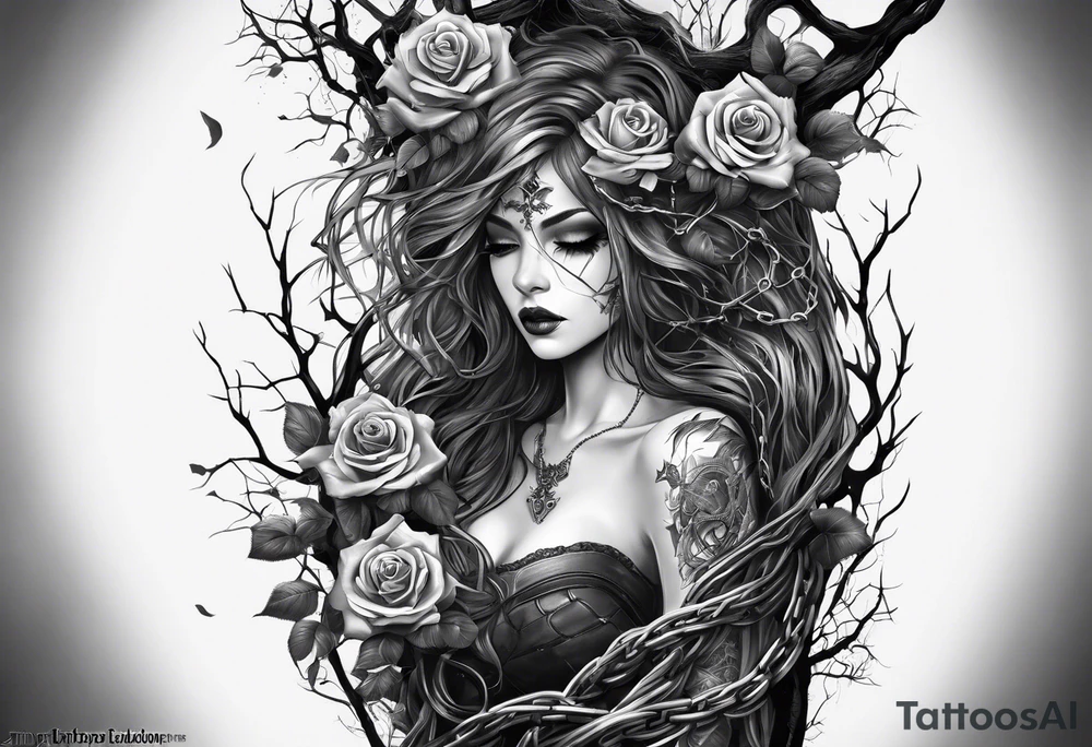 tattoo fool sleeve, tree roots break out of the chains, broken mask, gothic girl, roses tattoo idea