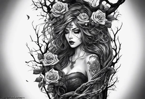 tattoo fool sleeve, tree roots break out of the chains, broken mask, gothic girl, roses tattoo idea