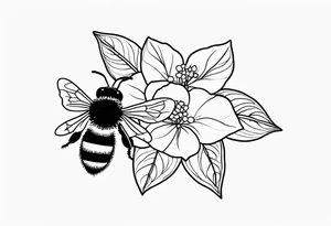 Small tattoo. There’s a hydrangea and a bee but they are not touching. The bee is small and to the left of the hydrangea. tattoo idea