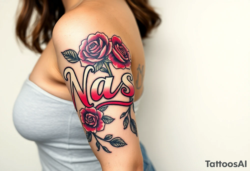 the word Nashika with roses tattoo idea