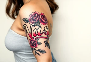 the word Nashika with roses tattoo idea