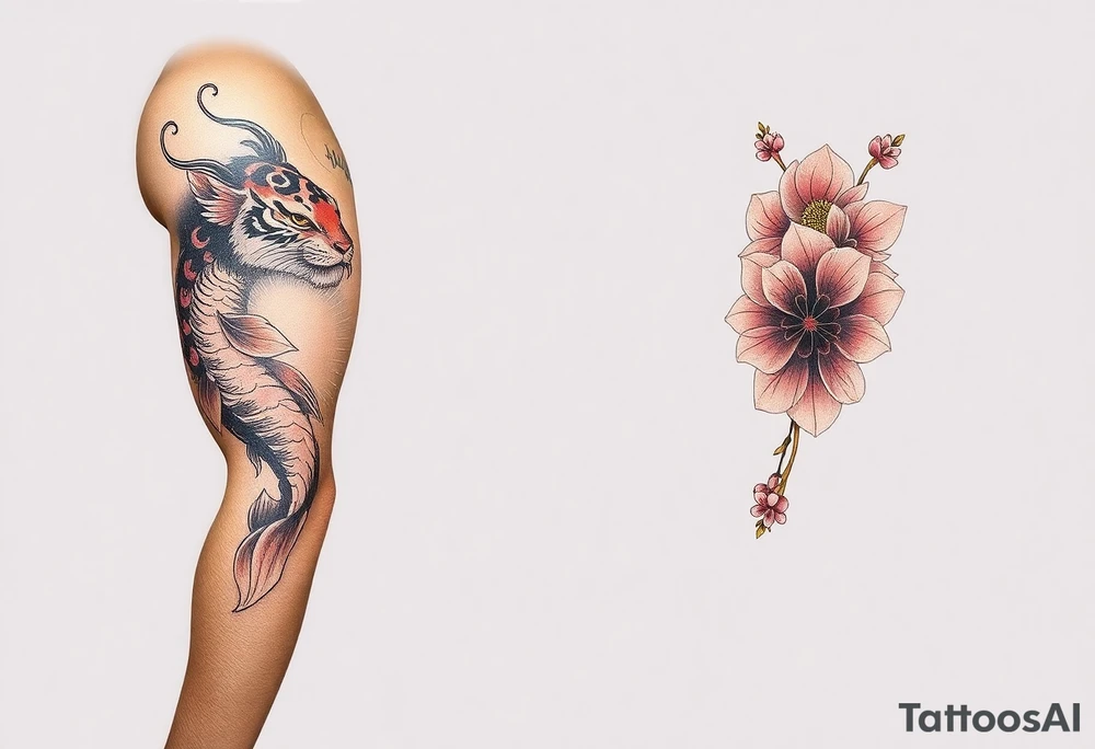 arm sleeve with a koi fish, tiger, sun, and a cherry blossom filler tattoo idea