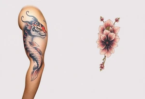 arm sleeve with a koi fish, tiger, sun, and a cherry blossom filler tattoo idea