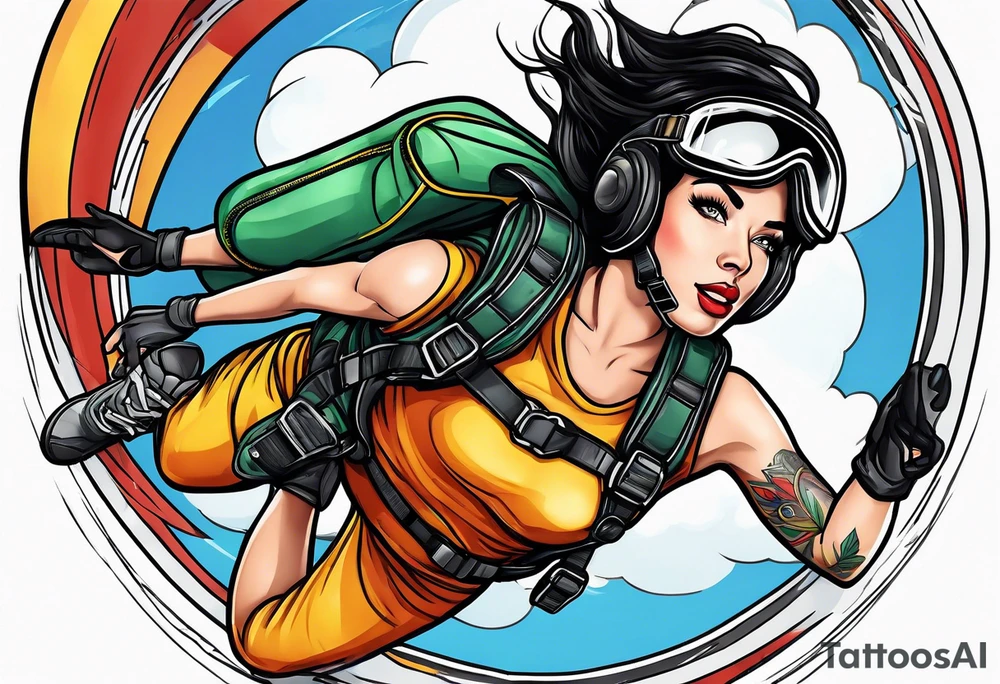 Black haired Woman skydiver jumping from plane with parachute tattoo idea