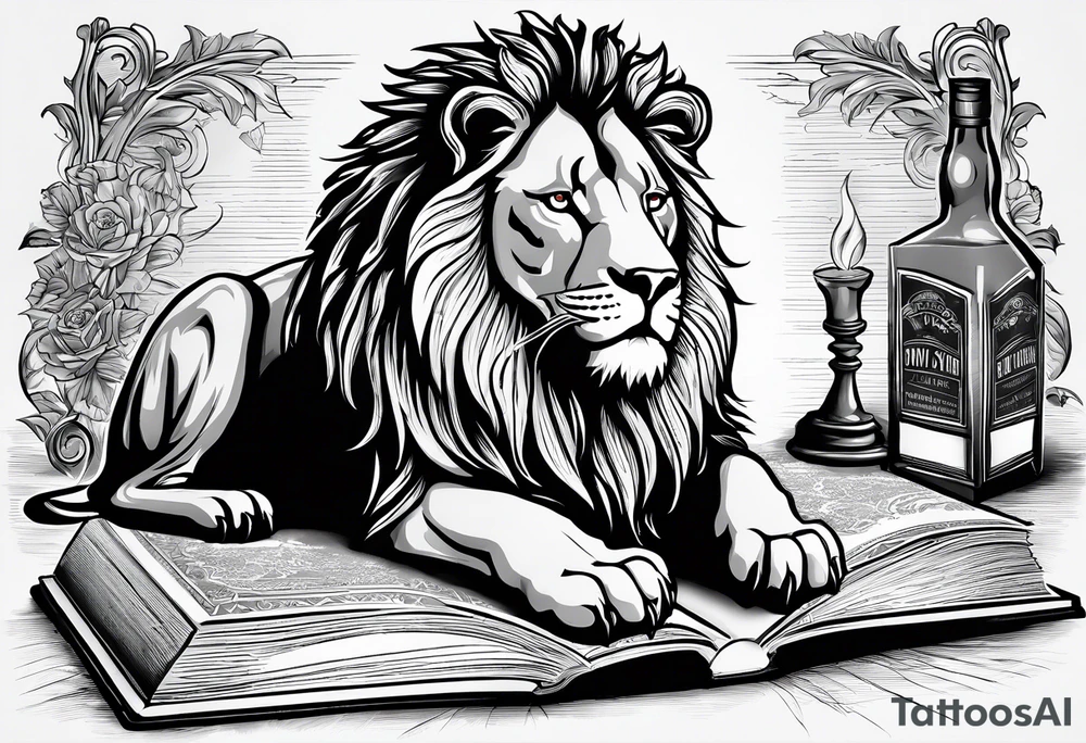 A book with the names Lyons, Mast, and Powers on the spine. There’s a glass of powers whiskey on top of the book, and a lion looking at it. tattoo idea