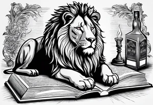 A book with the names Lyons, Mast, and Powers on the spine. There’s a glass of powers whiskey on top of the book, and a lion looking at it. tattoo idea