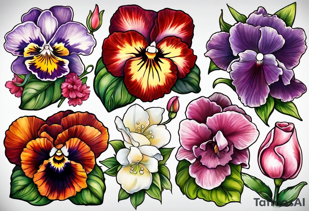 pansies, carnations, orchids, roses, water lillies and foxglove/Lily of the valley. tattoo idea