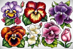 pansies, carnations, orchids, roses, water lillies and foxglove/Lily of the valley. tattoo idea