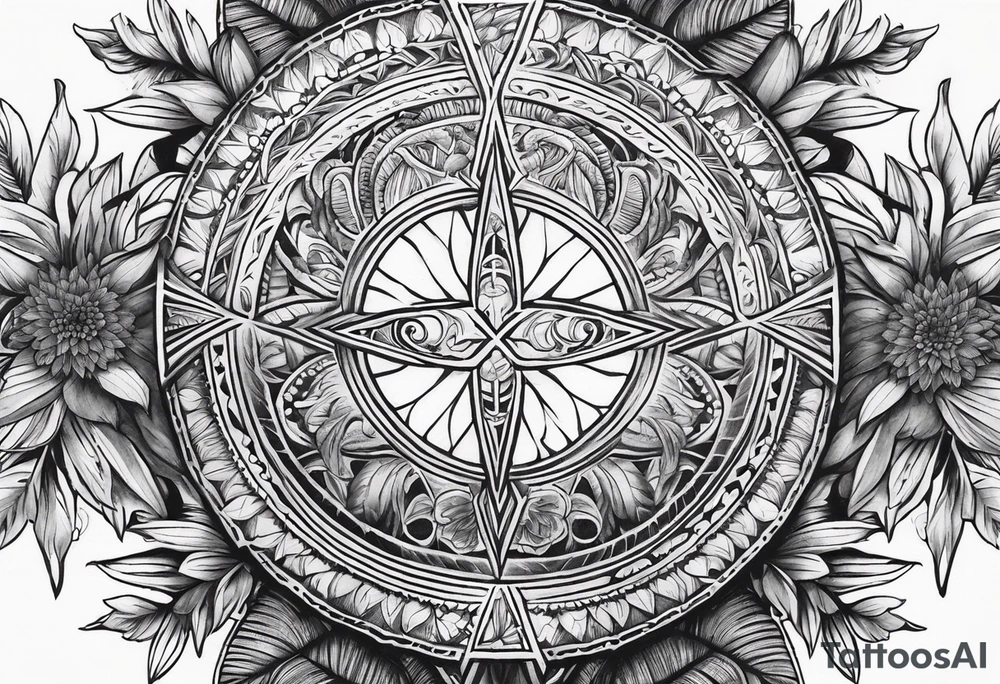 arm sleeve tattoo with the solar cross surrounded by jungle plants tattoo idea