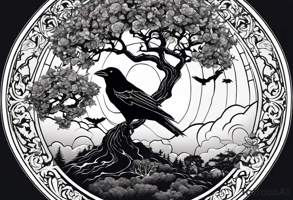 A lightening stormy night with a tree of life, a rose garden, and a raven in the sky tattoo idea