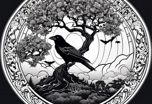 A lightening stormy night with a tree of life, a rose garden, and a raven in the sky tattoo idea