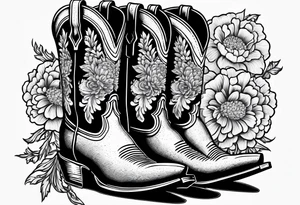 Cowboy boot with bouquet of chrysanthemum, carnations and marigolds inside boot tattoo idea