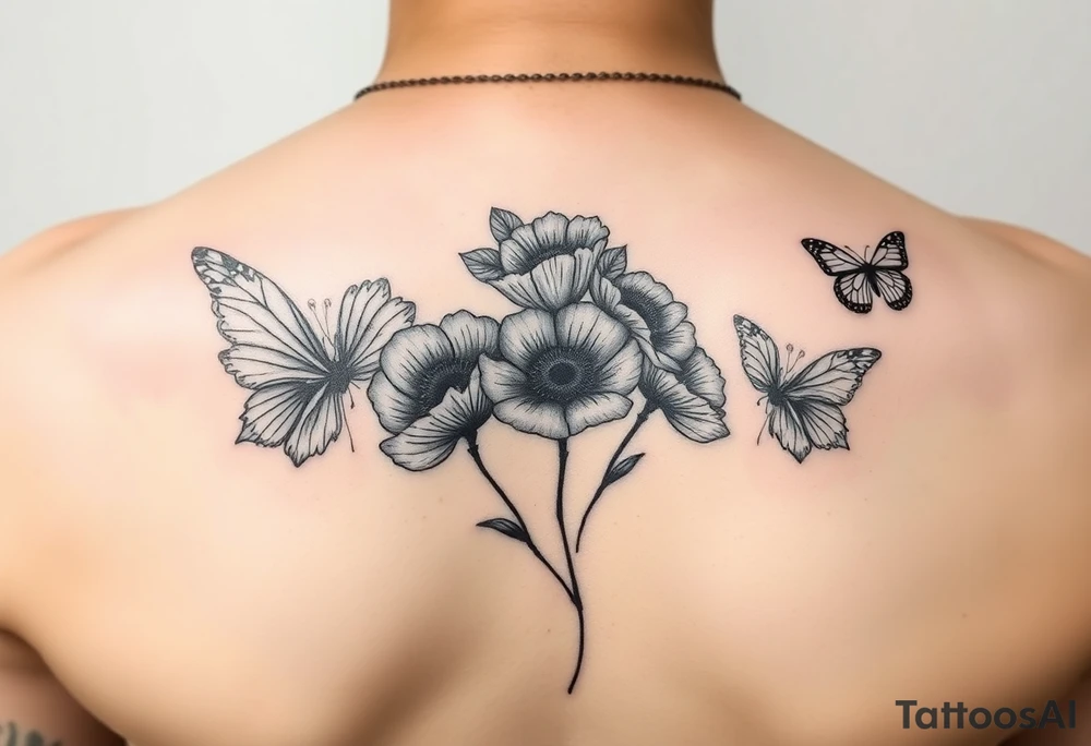 Mama of two baby girls tattoo with poppy flower and butterflies tattoo idea