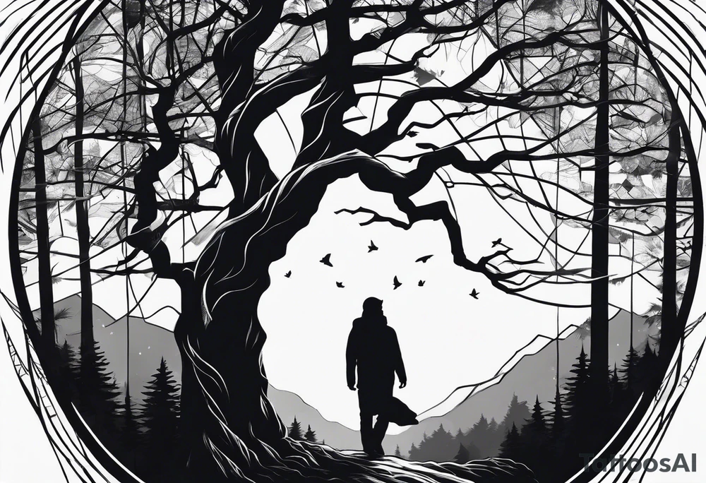 Wald silhouette mit geometric Muster im Hintergrund tattoo idea