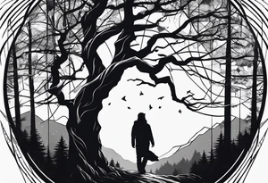 Wald silhouette mit geometric Muster im Hintergrund tattoo idea