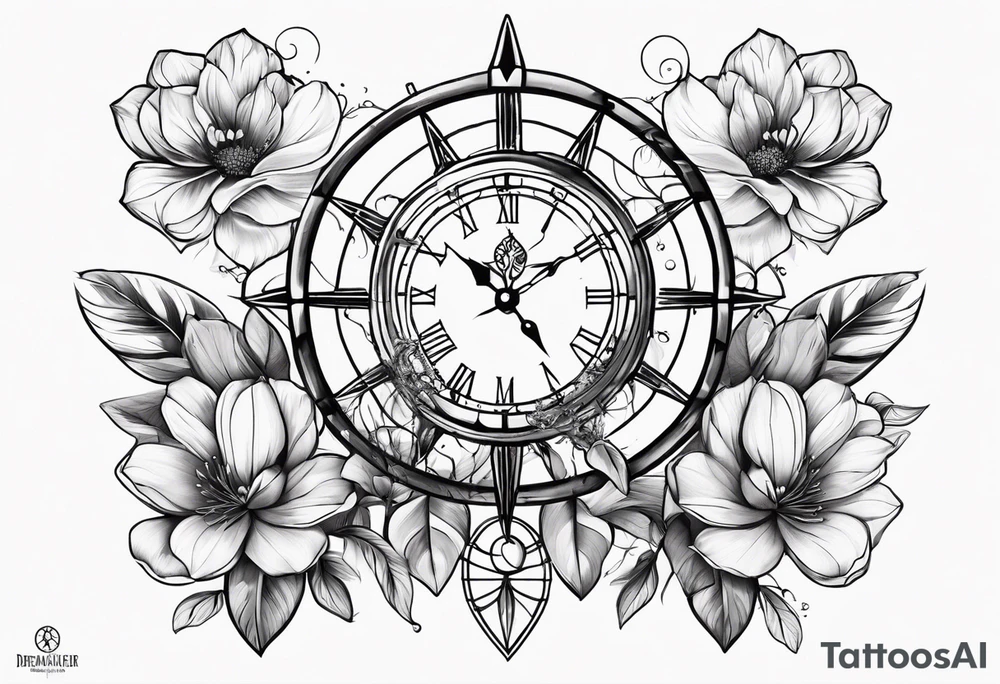 Dreamcatcher with the Magnoliaflower at the top the clock in the middle in the compass at the bottom tattoo idea