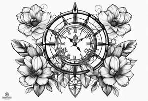 Dreamcatcher with the Magnoliaflower at the top the clock in the middle in the compass at the bottom tattoo idea