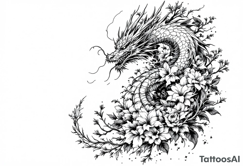 dragon with dead flowers surrounding tattoo idea