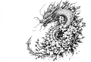 dragon with dead flowers surrounding tattoo idea
