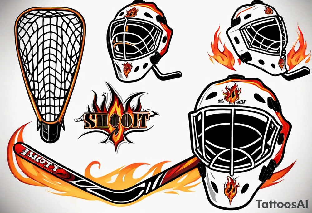 a goalie mask and crossed hockey sticks with flames that says "SHOT HOCKEY" tattoo idea