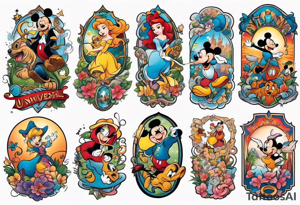 Upper arm half sleeve tattoo featuring Disney and Universal characters tattoo idea