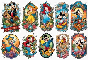 Upper arm half sleeve tattoo featuring Disney and Universal characters tattoo idea