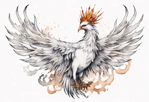 a white phoenix wearing rusty crown around its head tattoo idea