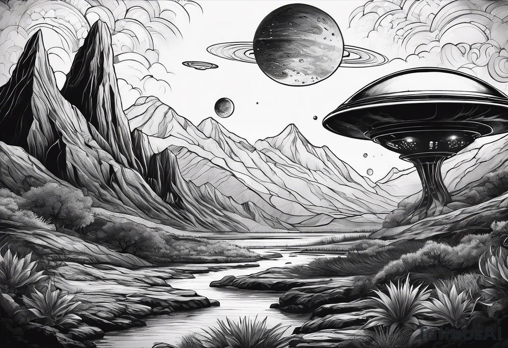 an alien planetary landscape tattoo idea