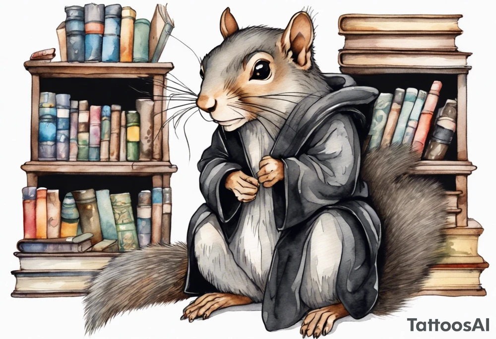 an elderly grey squirrel with a long beard wearing a black robe sitting in an ancient library tattoo idea