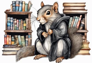 an elderly grey squirrel with a long beard wearing a black robe sitting in an ancient library tattoo idea
