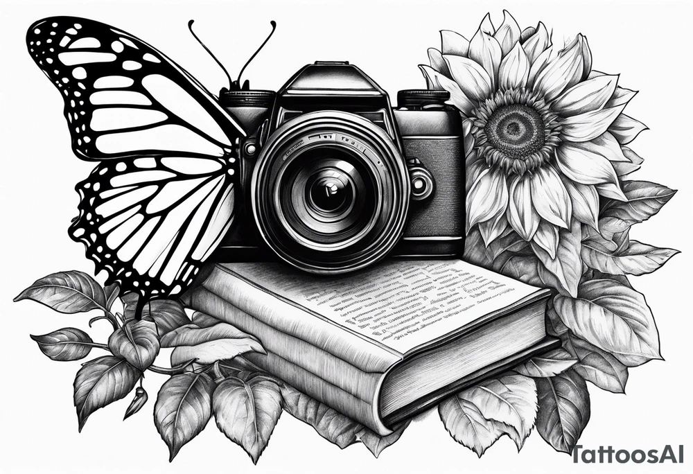 Butterfly, sunflower, camera, book, flower rose tattoo idea Butterfly, sunflower, camera, book, flower rose tattoo idea
