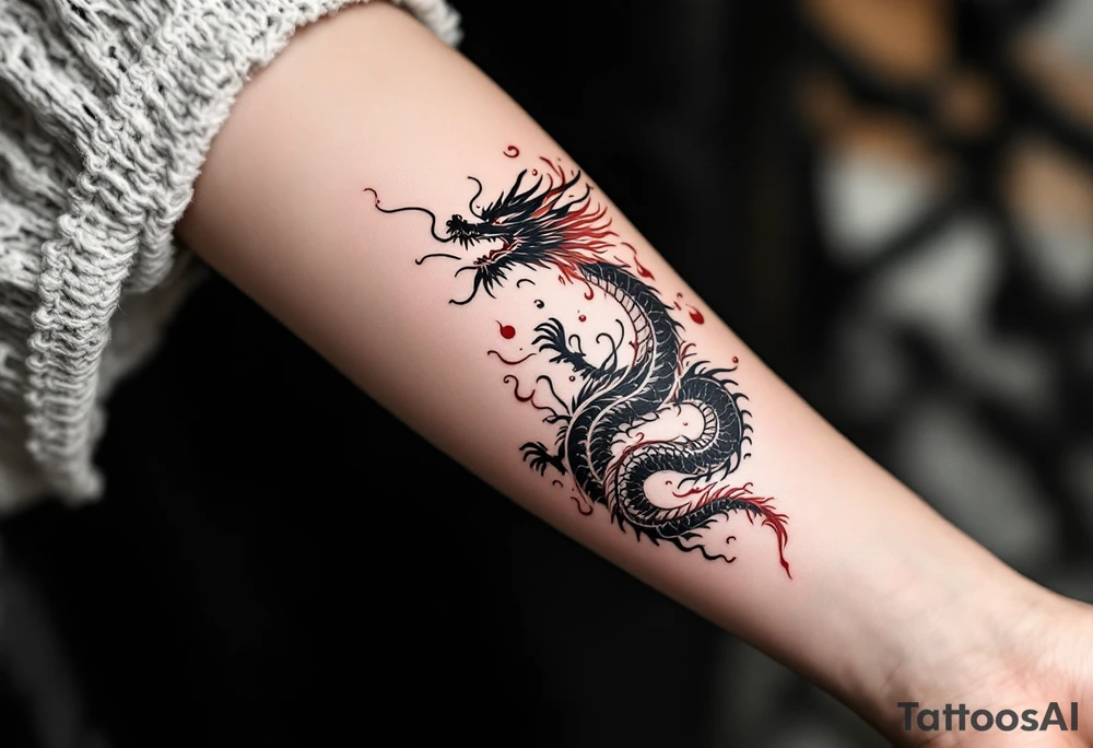 龙 (lóng, “dragon”) in crimson red paired with flames represents power, protection, and transformation. tattoo idea