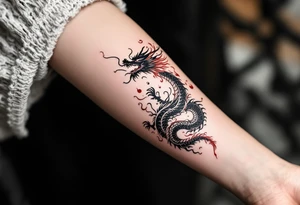 龙 (lóng, “dragon”) in crimson red paired with flames represents power, protection, and transformation. tattoo idea
