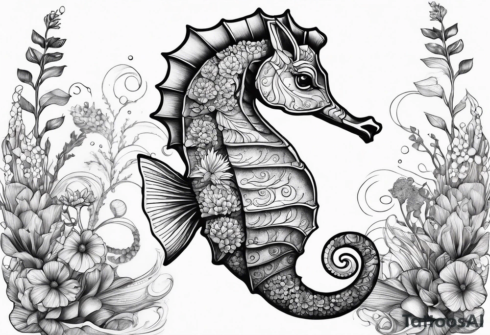 Seahorse in ocean arm tattoo with plants and sea life tattoo idea