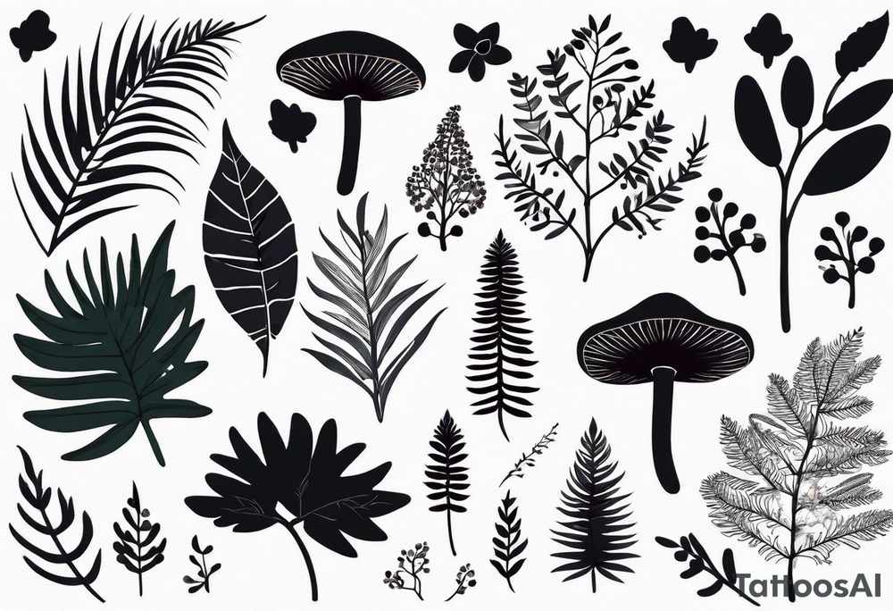 forest floor inspired minimalist tattoo, which includes grass, curly ferns, moss and dead leaves as the bulk of the tattoo. details to include: forest berries, a tiny bumblebee flying nearby, three small brown mushrooms
Generate a vertically long one tattoo idea