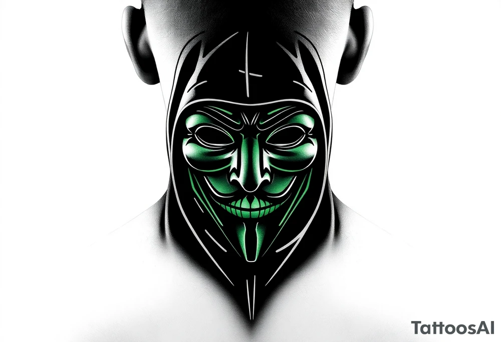 Anonymous hacker mask neck tattoo green and black color black hat hacker too tattoo idea
