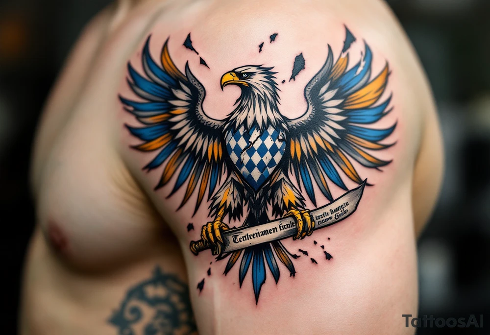 Battle-Worn Silesian Eagle with Torn Banners – A strong, battle-scarred eagle with ripped blue and yellow banners flowing behind it, representing the resilience of Silesia. The eagle's claws clutch an old sword or a scroll with historical inscriptions, adding a storytelling element. tattoo idea