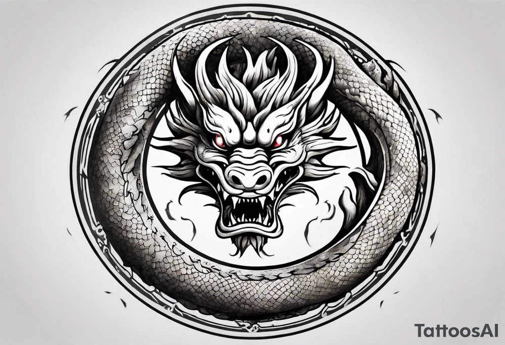 Chinese dragon in a circular shape with "02.03" written on its skin tattoo idea