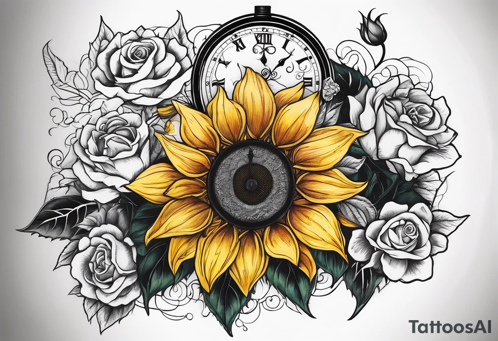 Sunflower, roses, witchy, 3 pocket watches, celestial, music, self care tattoo idea