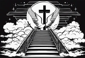 A heavenly stairway to heaven with clouds with a cross with two doves tattoo idea