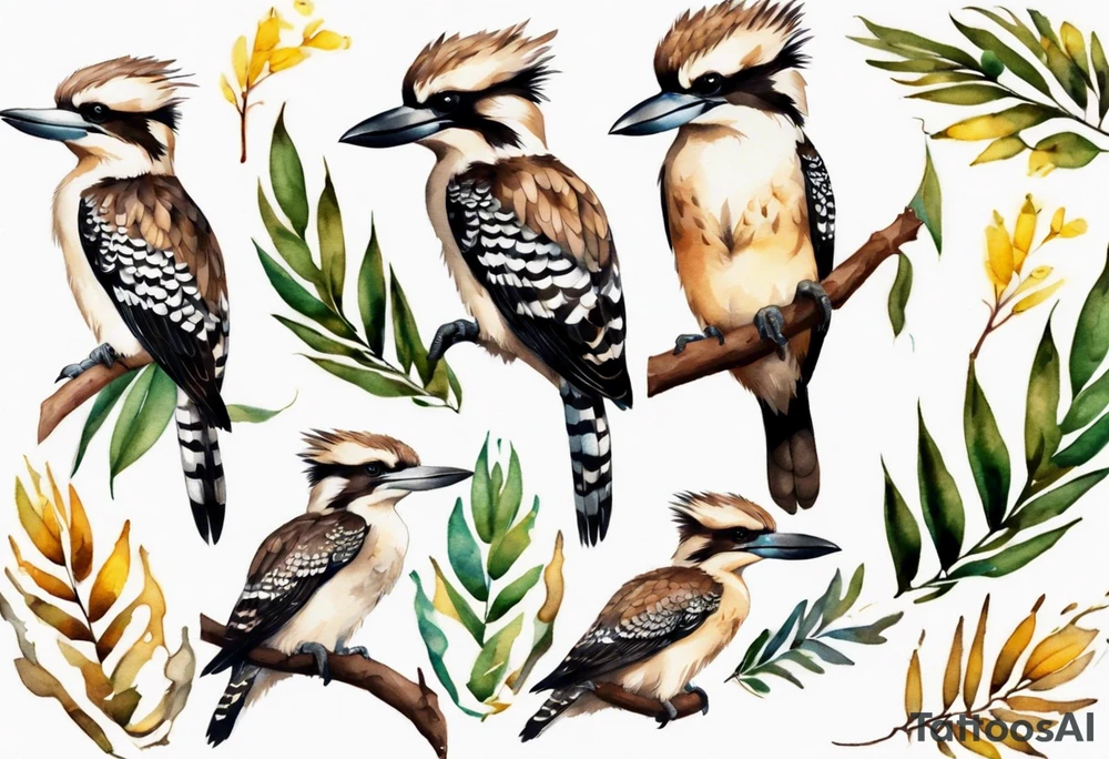 Small kookaburra sitting on wattle leaves tattoo idea