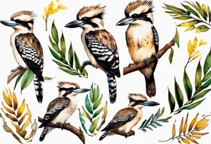 Small kookaburra sitting on wattle leaves tattoo idea