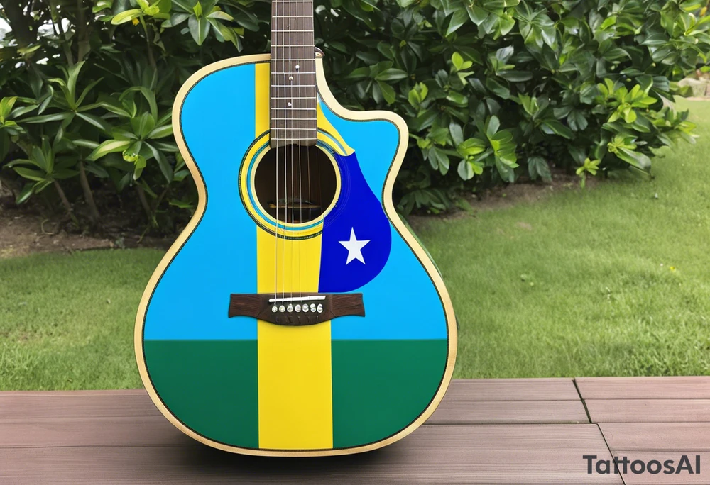 acoustic guitar with cut diagonally with one side with the flag of curacao, the other with some raggae colors. on the outside of the guitar, the side with the curacao flag to adorned with some beach or sea creature theme, like a sea turtle. The side with the raggae to have some music notes flowing out tattoo idea