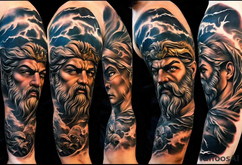 Full left arm tattoo sleeve with the Greek gods, Zeus, Poseidon and Hades. Zeus' face with a lightning bolt coming out of one eye is at the left shoulder, Poseidon's  face with a trident as one of his eyes is at the left upper arm and Hades' face with 
a bident as one of his eyes is at the left forearm. tattoo idea