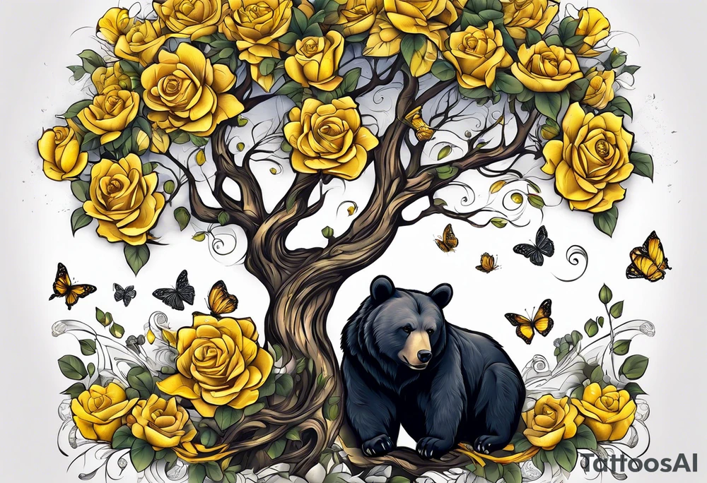 Bear under the tree of life with yellow roses and three butterflies for an upper arm tattoo. tattoo idea