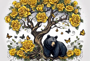 Bear under the tree of life with yellow roses and three butterflies for an upper arm tattoo. tattoo idea