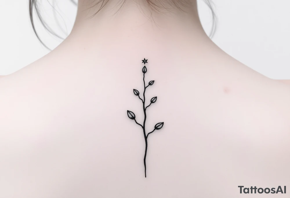 Tatouage minimaliste fine line noir, placement intérieur de l'avant-bras. Composition verticale élégante et discrète. Un petit sablier géométrique représente "Memento Mori". Une branche fine porte cinq petites feuilles symbolisant un homme, une femme, une fille et deux chats. Au-dessus de la branche, une étoile solitaire représente un enfant disparu mais toujours présent. Une légère fissure réparée dans la ligne centrale symbolise la résilience. Style épuré, intemporel, spirituel, lignes fines, peu d'encre, aucun remplissage noir massif, design harmonieux et émotionnel. tattoo idea