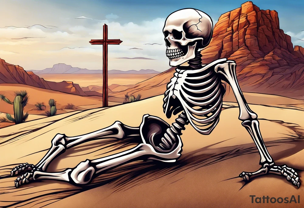 skeleton crawling towards a cross in a desert tattoo idea